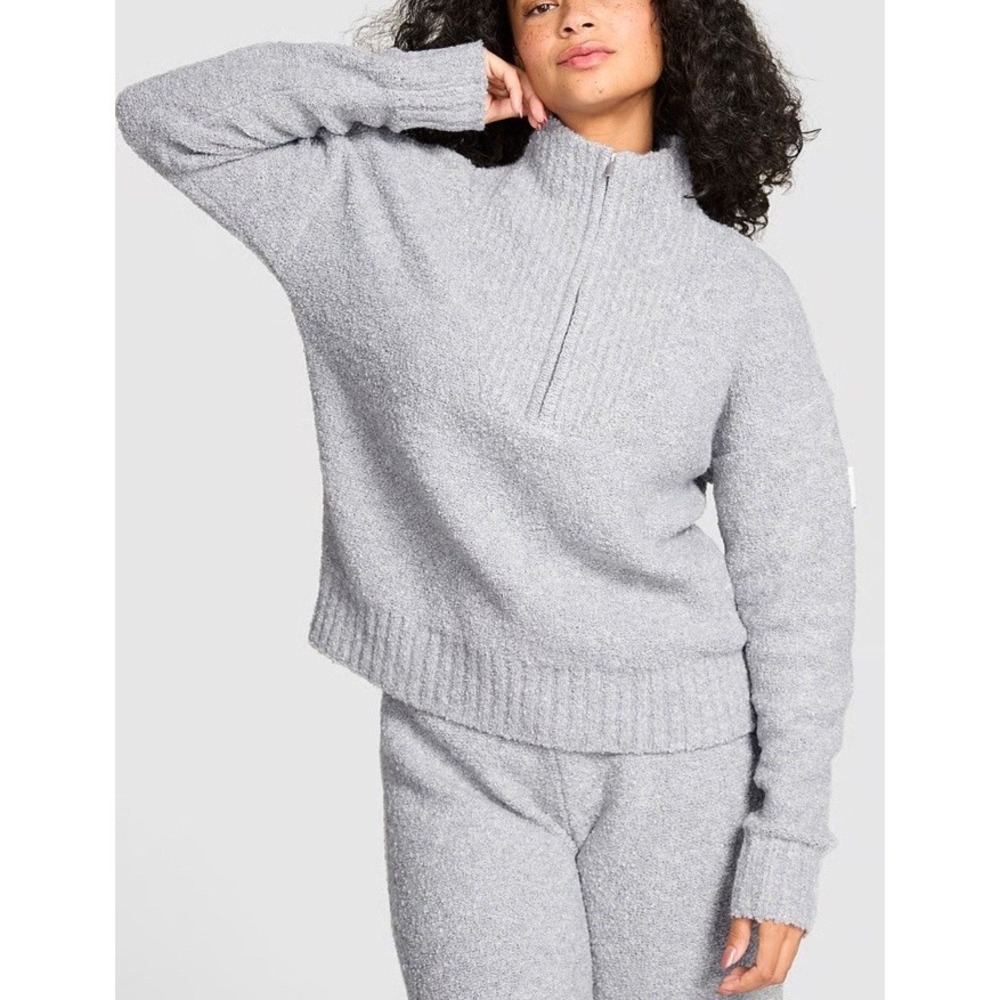 Victoria's Secret Pink Cozy Boucle Half Zip Sweater Medium Heather Grey Size XL